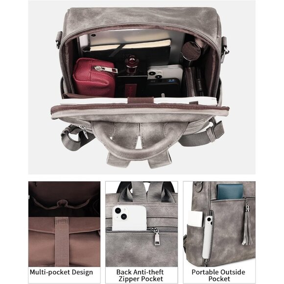 Women's Grey  Retro Style Backpack Designer 15.6 inch PU Leather Laptop Bags - Picture 4 of 9